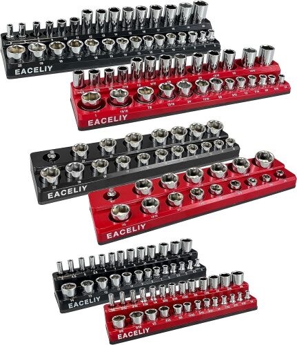 6-Piece Magnetic Socket Organizer Set, 1/2", 1/4" and 3/8" SAE & Metric Deep & Shallow Socket Holder Kit, holds 141 stanard Sockets, attaches to steel box/tool cart (sockets not included)