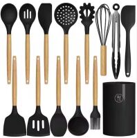 14 Pack Heat-Resistant Cooking Utensils Set, BPA-Free Food-Grade Silicone, Non-Stick Cookware Safe, Wood Handle, Black