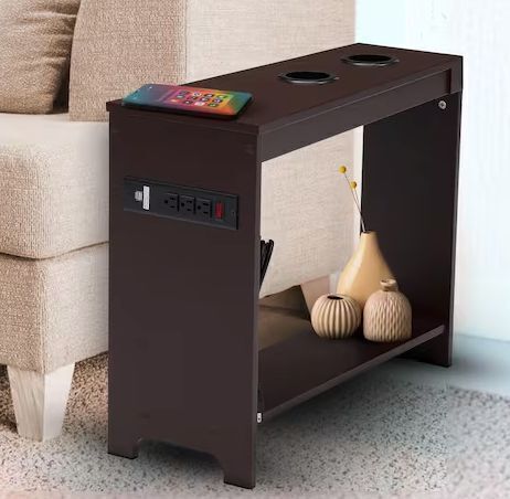 Narrow Espresso End Table With Charging Station, USB Ports and Outlets
