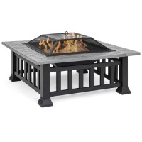 32in Outdoor Metal Square Table Top Wood Fire Pit w/ Mesh Lid Cover, Weather Cover, Poker&nbsp;