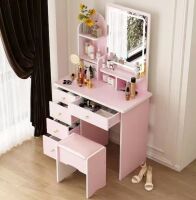 FUFU&GAGA 5-Drawer Pink Makeup Vanity Dressing Table Set with Stool, Mirror, LED Light and 3-Tier Storage Shelves
