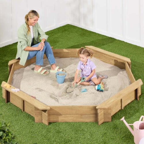 Kid's Wooden Octagonal Sandbox w/ Sand Cover, 4 Reinforced Benches, 8 Seats