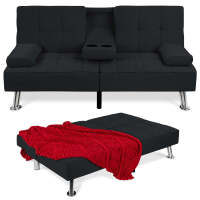 Linen Modern Folding Futon, Reclining Sofa Bed For Apartment, Dorm W/Removable Armrests, 2 Cupholders