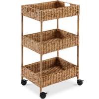 3-Tier Water Hyacinth Rolling Utility Cart w/ Weaved Baskets Natural