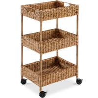 3-Tier Water Hyacinth Rolling Utility Cart w/ Weaved Baskets Natural