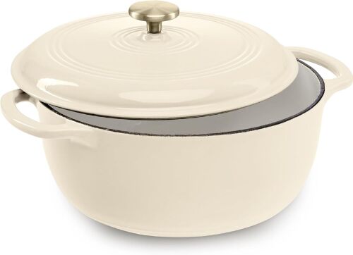 6 Quart Enamel Cast-Iron Round Dutch Oven, Family Style Heavy-Duty Pre-Seasoned Cookware for Home, Kitchen, Dining Room, Oven Safe w/Lid, Dual Handles