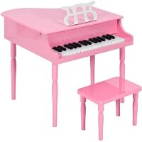 Kids Mini Wooden Grand Piano w/ Lid, Bench, Music Rack, Song Book, Stickers