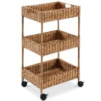 3-Tier Water Hyacinth Rolling Utility Cart w/ Weaved Baskets
