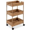 3-Tier Water Hyacinth Rolling Utility Cart w/ Weaved Baskets