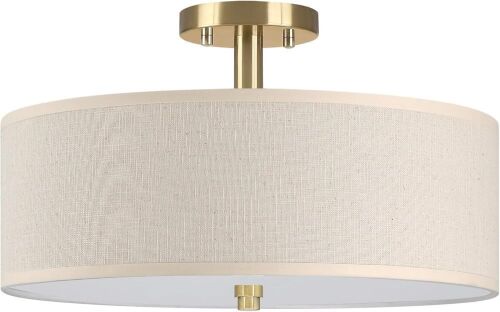 15 Inch LED 18W Adjustable 3000-5000K Brushed Nickel Drum Linen Fabric Shade Semi Flush Mount Light Fixture