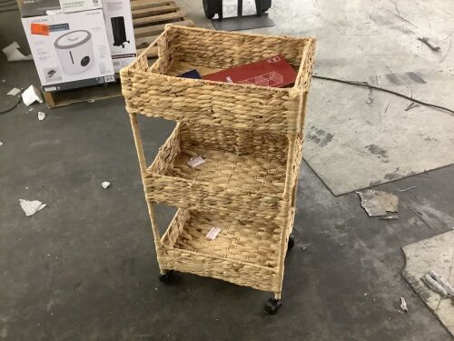 3-Tier Water Hyacinth Rolling Utility Cart w/ Weaved Baskets Natural