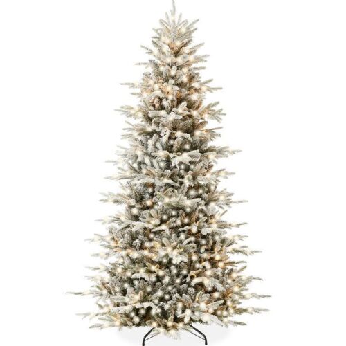 7.5' Pre-Lit Flocked Artificial Aspen Noble Fir Christmas Tree w/ Metal Stand