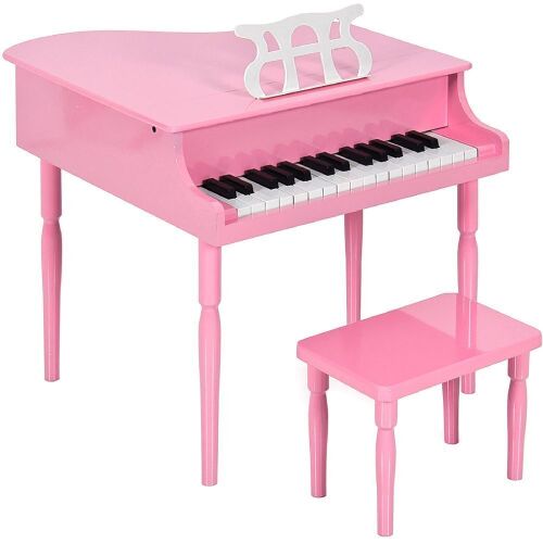 Kids Mini Wooden Grand Piano w/ Lid, Bench, Music Rack, Song Book, Stickers