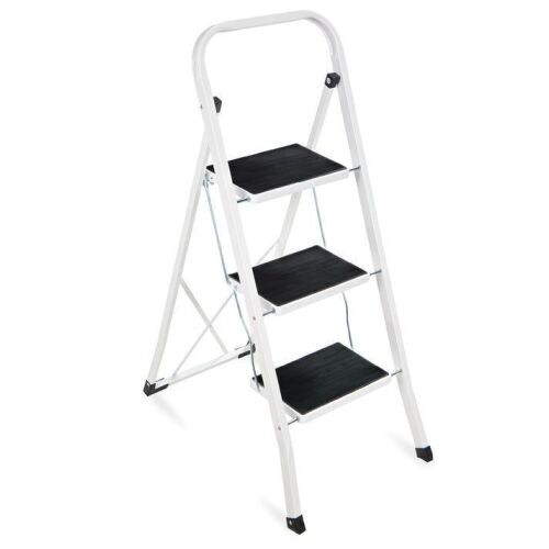 3- Step Steel Ladder, Folding Portable Step Stool w/ Non Slip Rubber Feet, Rubber Foot Pads, 330lb Capacity