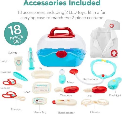 Pretend Play Doctor Kit, Boys & Girls Doctor's Outfit, Toy Medical Set w/ 18 Accessories, Coat, Hat, Carrying Case, 2 LED Toys