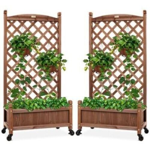 Set of 2 Wood Planter Box & Lattice Trellis w/ Optional Wheels, 48in