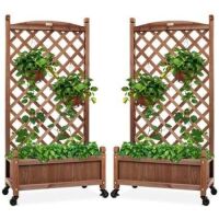 Set of 2 Wood Planter Box & Lattice Trellis w/ Optional Wheels, 48in