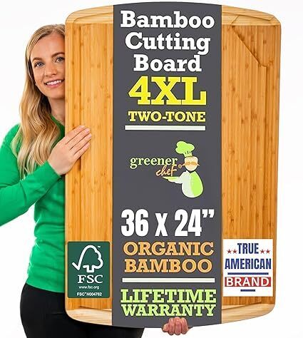 GREENER CHEF 36 x 24 Inch Extra Large Bamboo Cutting Board with Lifetime Replacements &ndash; 4XL Butcher Block, Oversized Carving & Charcuterie Board, Stovetop Cover for Kitchen Counter Space