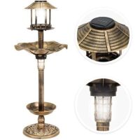 Decorative Garden Solar-Powered LED Pedestal Bird Bath Feeder w/ Planter, Lamp Topper