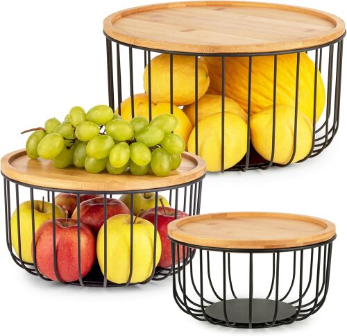 Fruit Basket for Kitchen Counter Set of 3 - Large Stackable Baskets with Bamboo Lid - Perfect Holder For Fruit and Vegetable Storage - Keep Your Countertop Classy, Tidy and Slightly Fruity!