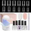 Gel Nail Tips Kit Short Square Nail Tips 240pcs with 2 In 1 Nail Glue Base Coat and Nail Dehydrator, Nail Extension Kit with Nail Lamp Top Coat for Starters Home Salon