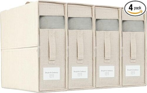 Simple&Opulence 4 Pack Bed Sheet Organizers and Storage, Linen Closet Organizers, Sheets Set Folder Storages with Window and Label (Queen/King Size) Organizing Bedding Container