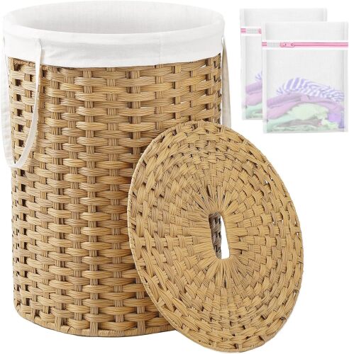 Laundry Basket with Lid Round Rattan Laundry Hamper with Lid and Handles 29.1 Gal (110 L) Handwoven Woven Basket with Removable Bags and 2 Mesh Bags for Bathroom Living Room