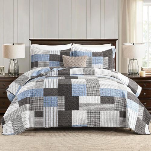 Quilt King Size, King Quilt Set, 100% Cotton King Quilt Bedding Set Bedspreads, Farmhouse Patchwork Quilt, Plaid Reversible Lightweight Rustic Bedspread, 3PC Set