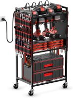 Large Power Tool Organizer Cart with Charging Station, Garage Floor Standing Rolling Drill and Tools Battery STORAGE Cart on Wheels, Heavy Duty Utility Rack Shelf with 8 Outlet Power Strip