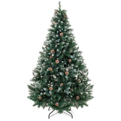 6ft Hinged Artificial Christmas Tree w/ Snow Flocked Tips, Pine Cones, Metal Stand