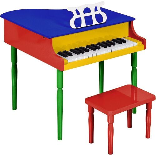 Kids Mini Wooden Grand Piano w/ Lid, Bench, Music Rack, Song Book, Stickers