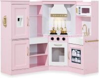 Pretend Play Corner Kitchen Wooden Toy Set for Kids w/ Lights, Sounds