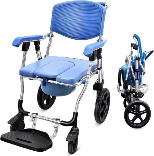 Bedside Commode & Shower Chair with Lockable Wheels, Anti-Sponge Padded Seat, 3-Level Height, 5L Bucket, 330 LBS