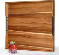 22 Inch Square Acacia Wood Ottoman Tray
