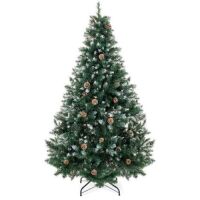 6ft Hinged Artificial Christmas Tree w/ Snow Flocked Tips, Pine Cones, Metal Stand