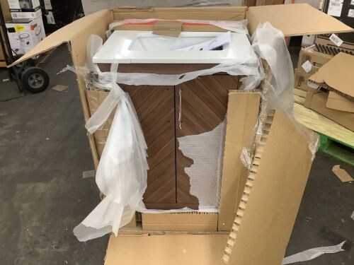Glacier Bay Huckleberry 24 in. Single Sink Spiced Walnut Bath Vanity with White Engineered Stone Top - Broken Top