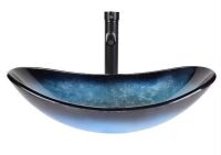 Bathroom Oval Glass Vessel Sink with Faucet in Ocean Blue