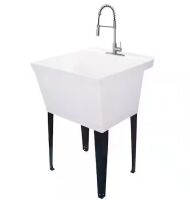 TEHILA 22.875 in. x 23.5 in. White 19 Gallon Thermoplastic Utility Sink Set with High-Arc Stainless Steel Coil Pull-Down Faucet