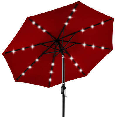 Solar LED Lighted Patio Umbrella w/ Tilt Adjustment, UV-Resistant - 10ft red