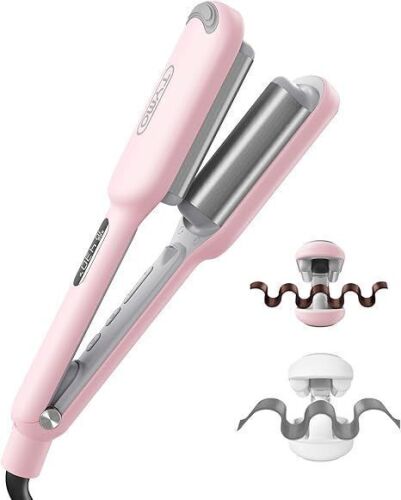 Curling Iron Hair Crimper Waver - Beach Waves Curling Wand, Ionic Deep Waver Hair Curler Tool with Ceramic 3 Barrel for Women, Dual Voltage, Anti-Scald, Easy to Use, Pink, 1 Inch