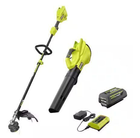 RYOBI 40V Cordless Attachment Capable 15" String Trimmer & 550 CFM 120 MPH Blower Combo Kit with 4.0 Ah Battery & Charger