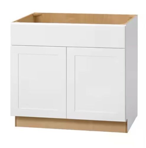 Hampton Bay Avondale 36 in. W x 24 in. D x 34.5 in. H Ready to Assemble Plywood Shaker Sink Base Kitchen Cabinet in Alpine White