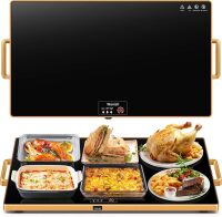 Electric Warming Tray, Food Warmers for Parties Buffet with Thermostat & Full Surface Heating, Tempered Glass Warming Mat for Food, Temperature Adjustable Gold Handles Food Warming Mat