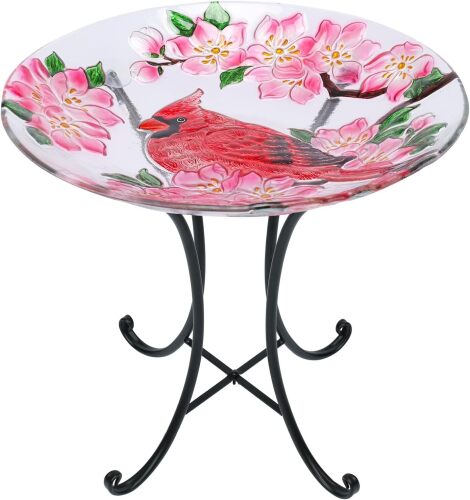 Outdoor Glass Birdbath with Metal Stand for Outside Lawn Yard Garden Cardinal Decor