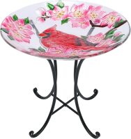 Outdoor Glass Birdbath with Metal Stand for Outside Lawn Yard Garden Cardinal Decor