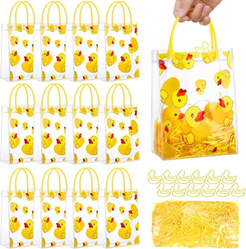 Gaillty 24 Sets Yellow Duck Gift Bag with Clips and Raffia Rubber Duck Party Supplies Plastic Treat Goodie Candy Bags for Waddle It Be Gender Reveal Baby Shower Birthday Party Supplies (Clear)