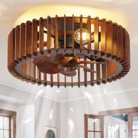 20'' Flush Mount Caged Ceiling Fan with Light, Wooden Low Profile Ceiling Fan with Light and Remote, 6 Speed and Reversible, Farmhouse Bladeless Fan Lights for Bedroom, Kitchen