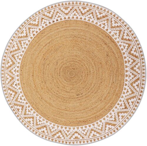 Premium Natural Jute Braided Area Rug, 4-feet Round, White Printed Border, Stain Resistance, Natural Handmade Rug for Entryways, Living Room, Dining Room, Bedroom, Farmhouse, Kitchen