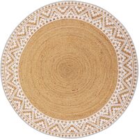 Premium Natural Jute Braided Area Rug, 4-feet Round, White Printed Border, Stain Resistance, Natural Handmade Rug for Entryways, Living Room, Dining Room, Bedroom, Farmhouse, Kitchen
