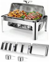 13QT Roll Top Chafing Dishes for Buffet: Catering Food Warmer for Parties, Wedding, Birthday, Christmas, 1 Full Size & 2 Half-Size & 3 1/3 size Chafing Server Dish, 1 Water Pan